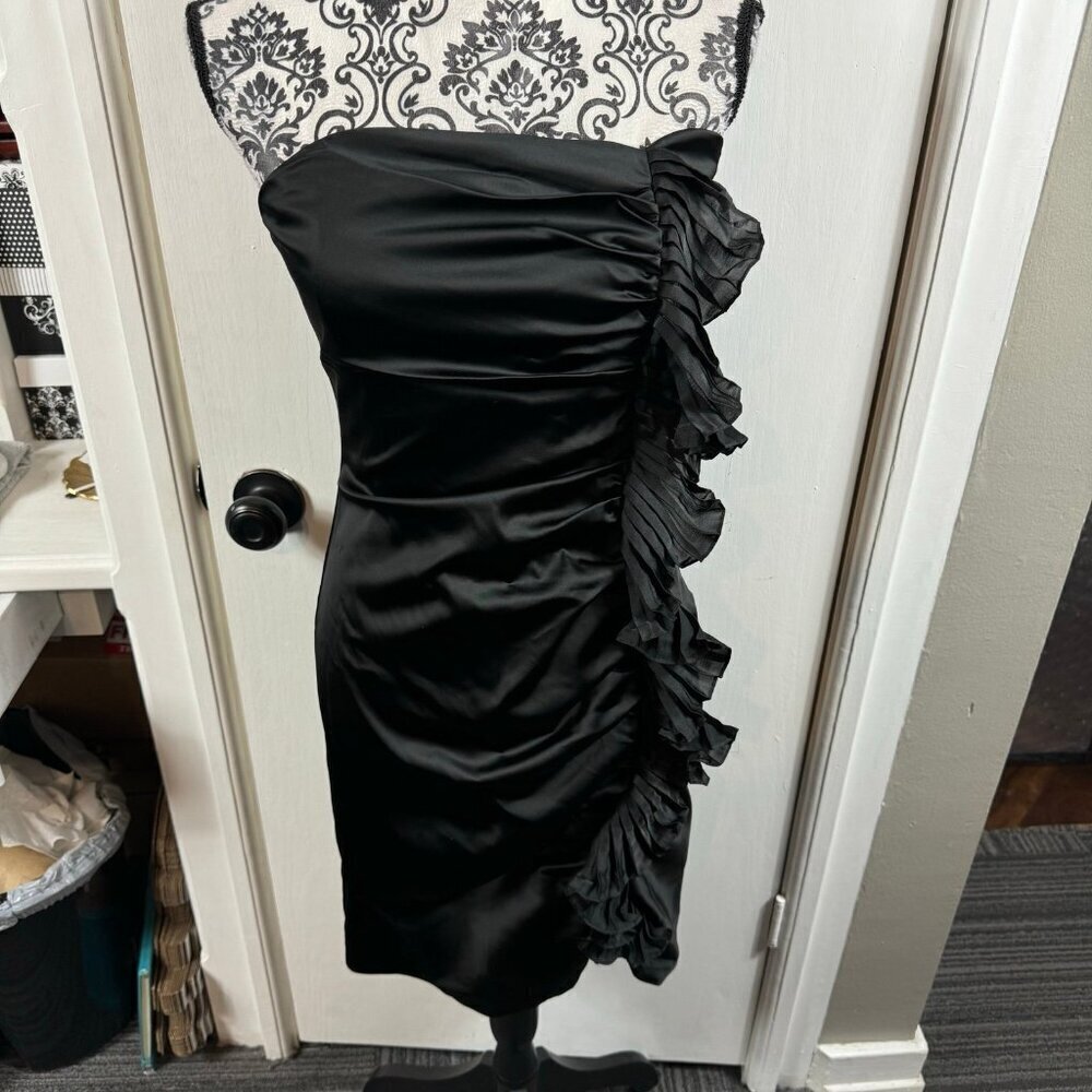 Ted Baker London satin strapless ruffle ruched cocktail LBD dress